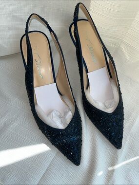 Betsey Johnson Clark  Navy Blue Rhinestone Slingback Pumps